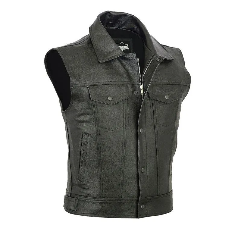 Men's Solid Color Zipper Faux Leather Lapel Vest 07099993U sold by Manly