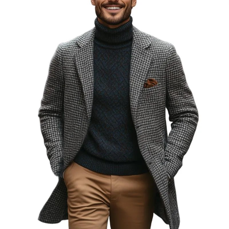 Men's Retro Grey Plaid Print Mid-Length Coat 48524210U sold by Manly