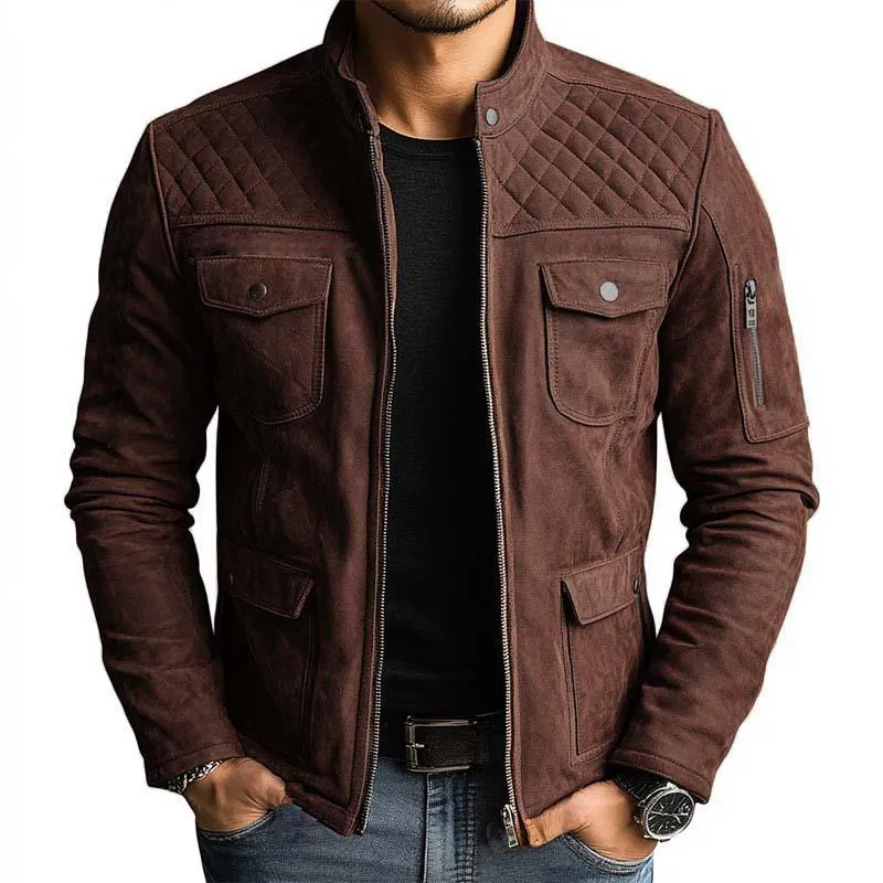 Men's Vintage Classic Slim Fit Multi-Pocket Zipper Stand Collar Suede Jacket 67393280K sold by Manly