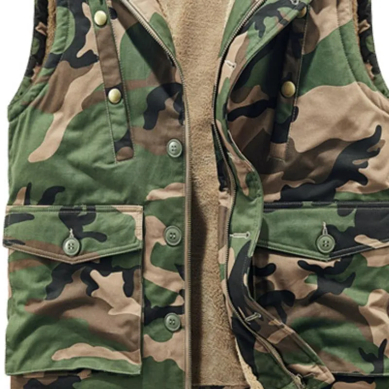 Men's Retro Camouflage Plush Lining Warm Hooded Cargo Vest 73623399Y sold by Manly product image thumbnail 3