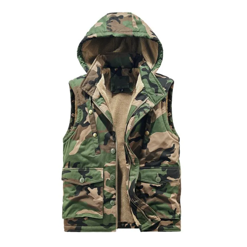 Men's Retro Camouflage Plush Lining Warm Hooded Cargo Vest 73623399Y sold by Manly