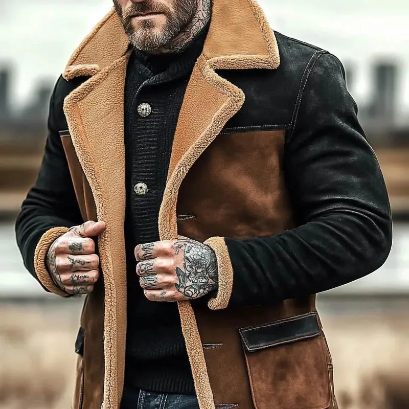 Men's Fleece Colorblock Suede Lapel Suede Single Breasted Multi-pocket Coat 99853070Z sold by Manly product image thumbnail 3