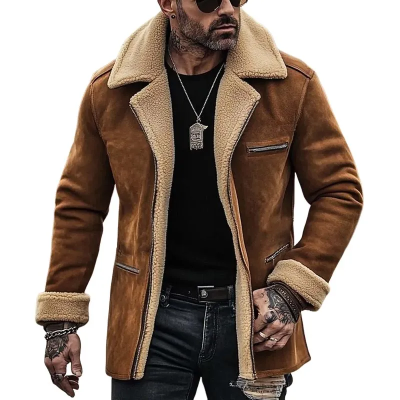 Men's Fleece Suede Lapel Suede Single Breasted Multi-pocket Coat 62920039Z sold by Manly