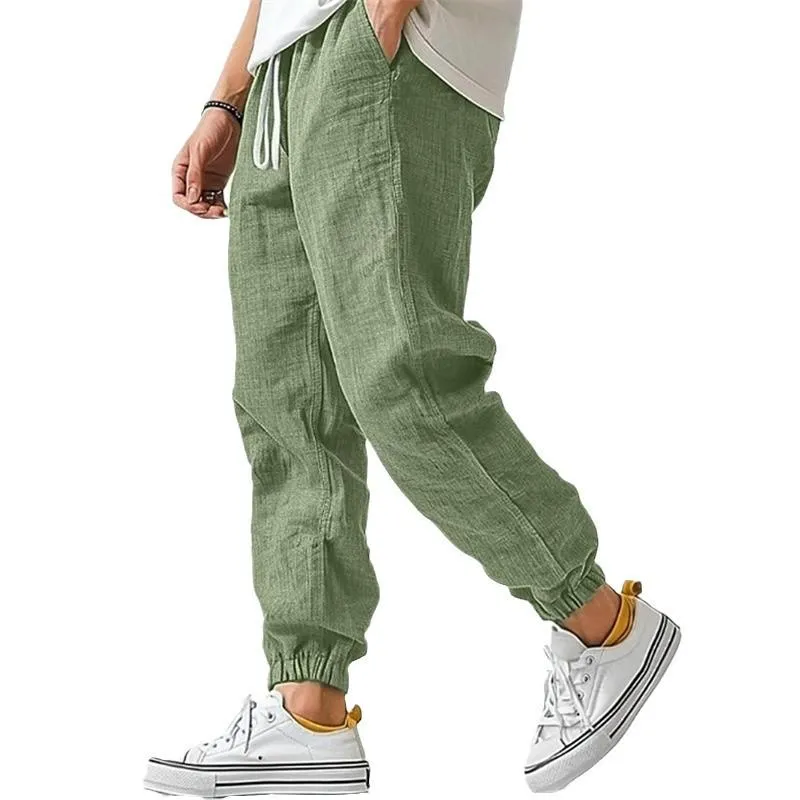 Men's Solid Color Cotton And Linen Elastic Waist Casual Pants 02919946Z sold by Manly