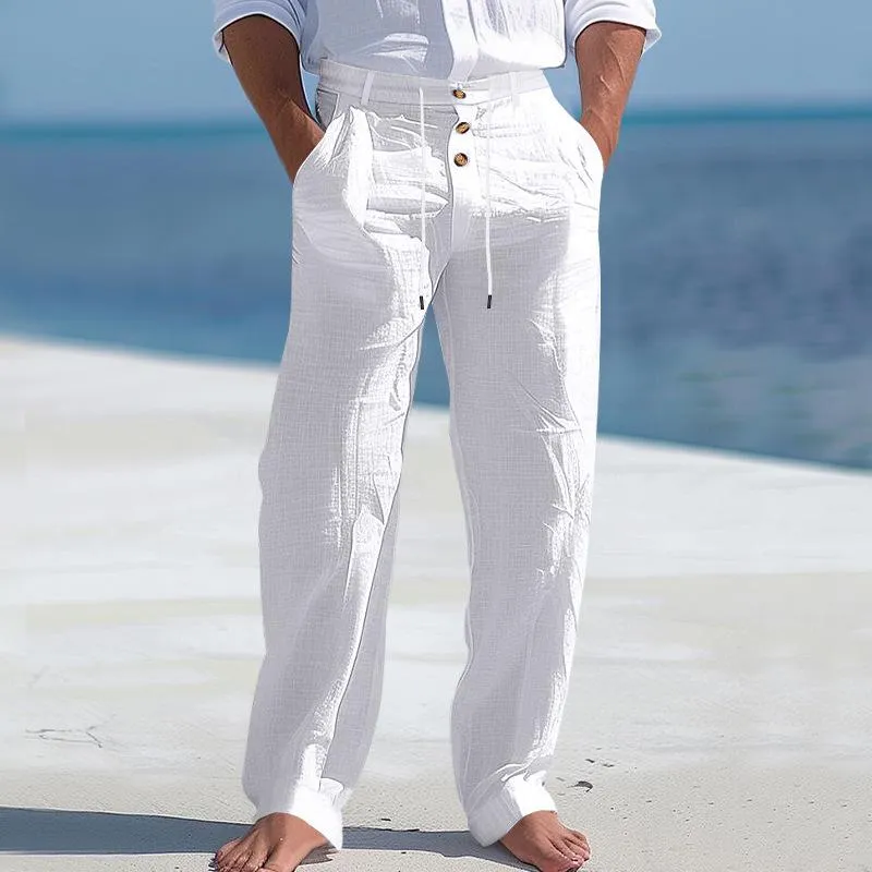 Men's Solid Color Cotton And Linen Buttons Decor Drawstring Waist Casual Pants 58659698Z sold by Manly product image thumbnail 4
