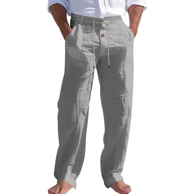 Men's Solid Color Cotton And Linen Buttons Decor Drawstring Waist Casual Pants 58659698Z sold by Manly product image thumbnail 3