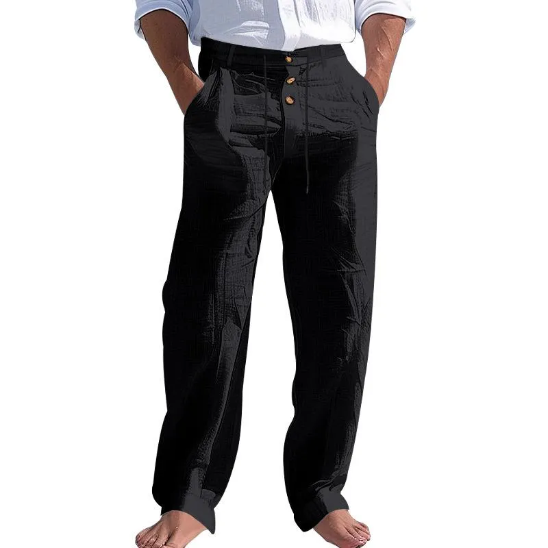 Men's Solid Color Cotton And Linen Buttons Decor Drawstring Waist Casual Pants 58659698Z sold by Manly product image thumbnail 2