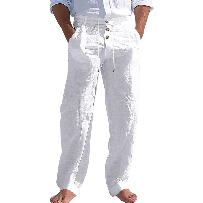 Men's Solid Color Cotton And Linen Buttons Decor Drawstring Waist Casual Pants 58659698Z sold by Manly