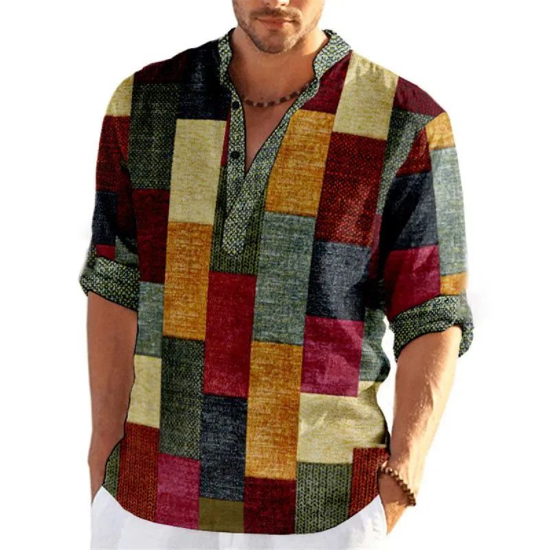 Men's Casual Loose Printed Cotton And Linen Stand Collar Long Sleeve Shirt 82174855K sold by Manly