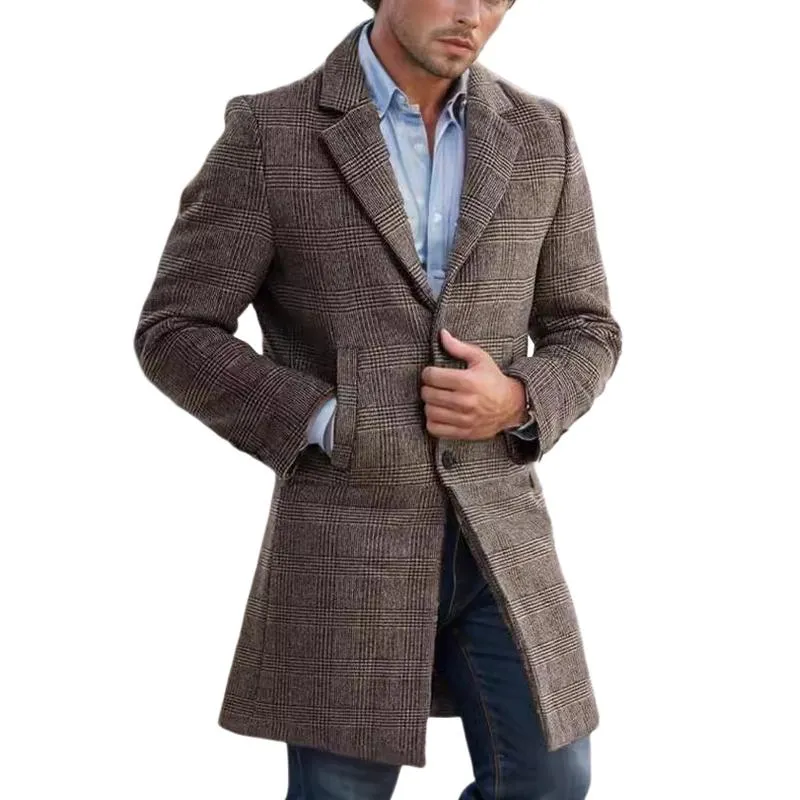Men's Mid-length Lapel Plaid Woolen Coat 60778233F sold by Manly