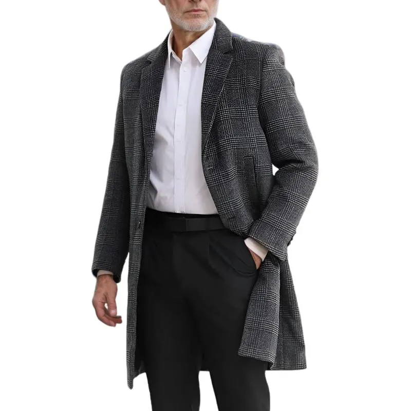 Men's Mid-length Lapel Plaid Woolen Coat 60778233F sold by Manly product image thumbnail 2