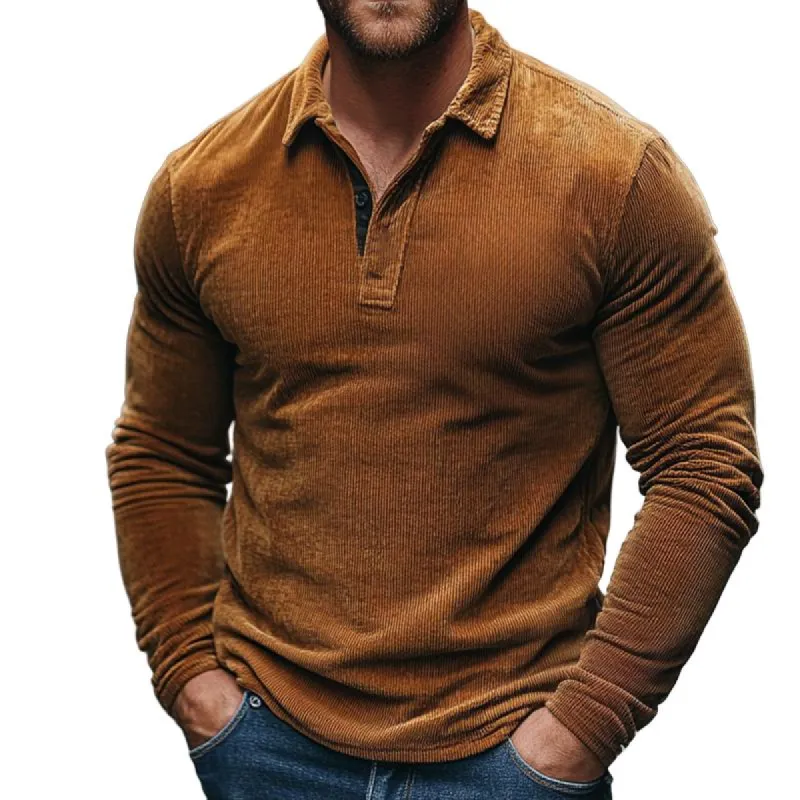 Men's Vintage Casual Corduroy Lapel Long Sleeve T-Shirt 19677995TO sold by Manly