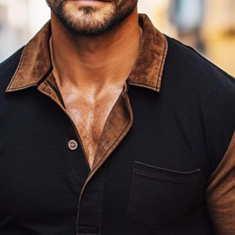 Men's Retro Casual Colorblock Lapel Long Sleeve T-Shirt 79777218TO sold by Manly product image thumbnail 3