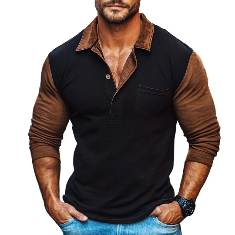 Men's Retro Casual Colorblock Lapel Long Sleeve T-Shirt 79777218TO sold by Manly