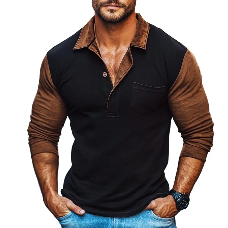 Men's Retro Casual Colorblock Lapel Long Sleeve T-Shirt 79777218TO sold by Manly