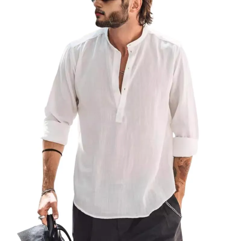 Men's Classic Casual Stand Collar Solid Color Bamboo Cotton and Linen Long Sleeve Shirt 19376731K sold by Manly