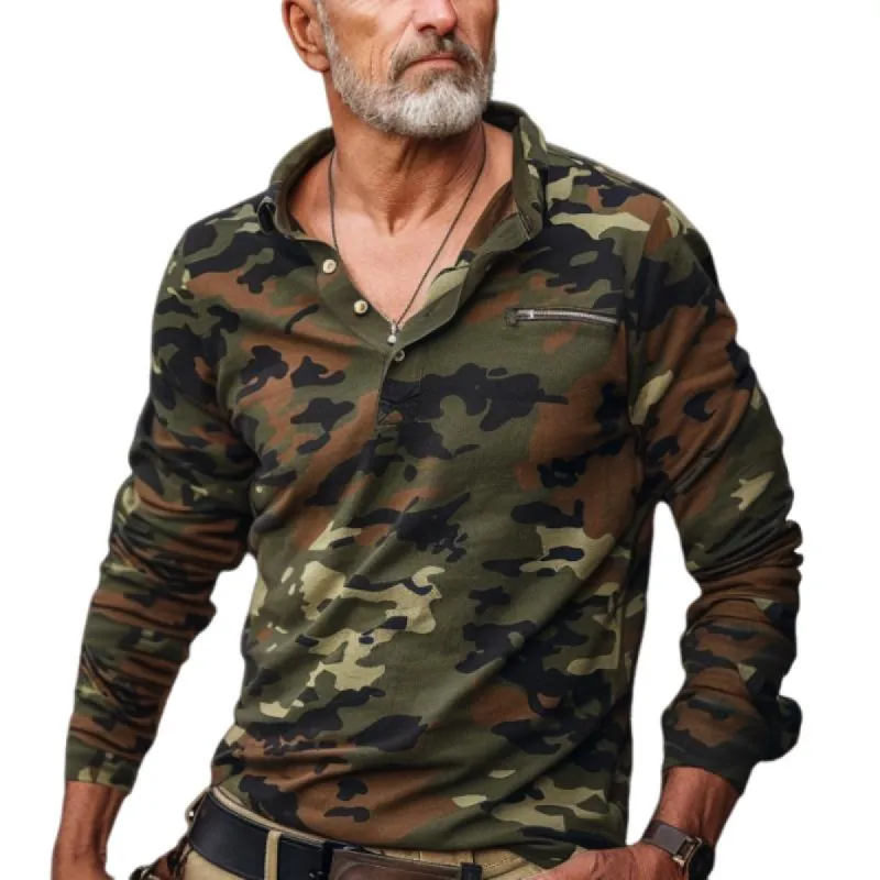 Men's Vintage Camouflage Print Button Lapel Long Sleeve Polo Shirt 71384420Y sold by Manly
