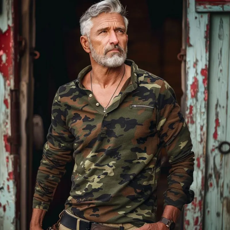 Men's Vintage Camouflage Print Button Lapel Long Sleeve Polo Shirt 71384420Y sold by Manly product image thumbnail 3