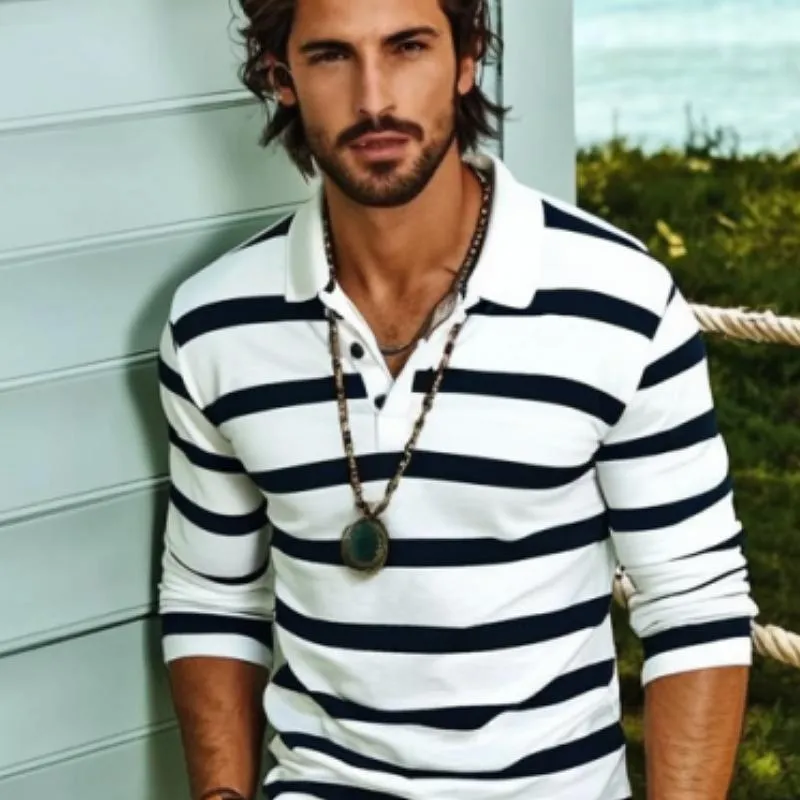 Men's Vintage Striped Button Down Lapel Long Sleeve Polo Shirt 80168302Y sold by Manly product image thumbnail 2