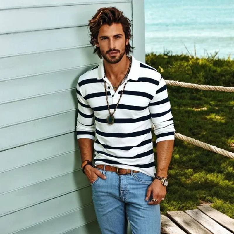 Men's Vintage Striped Button Down Lapel Long Sleeve Polo Shirt 80168302Y sold by Manly product image thumbnail 3