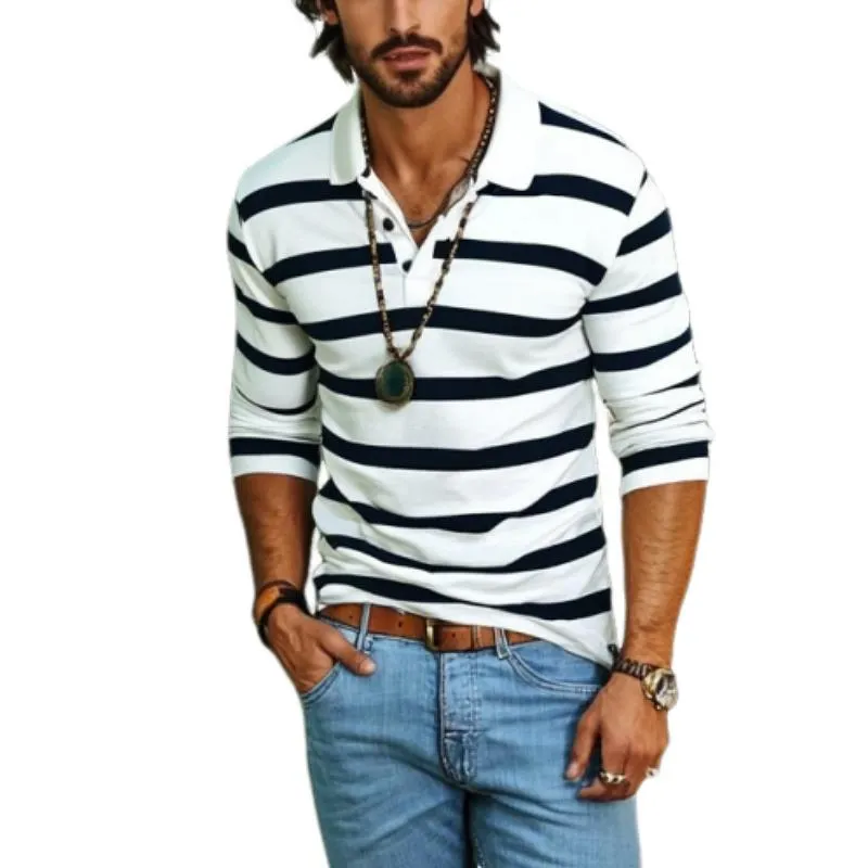 Men's Vintage Striped Button Down Lapel Long Sleeve Polo Shirt 80168302Y sold by Manly