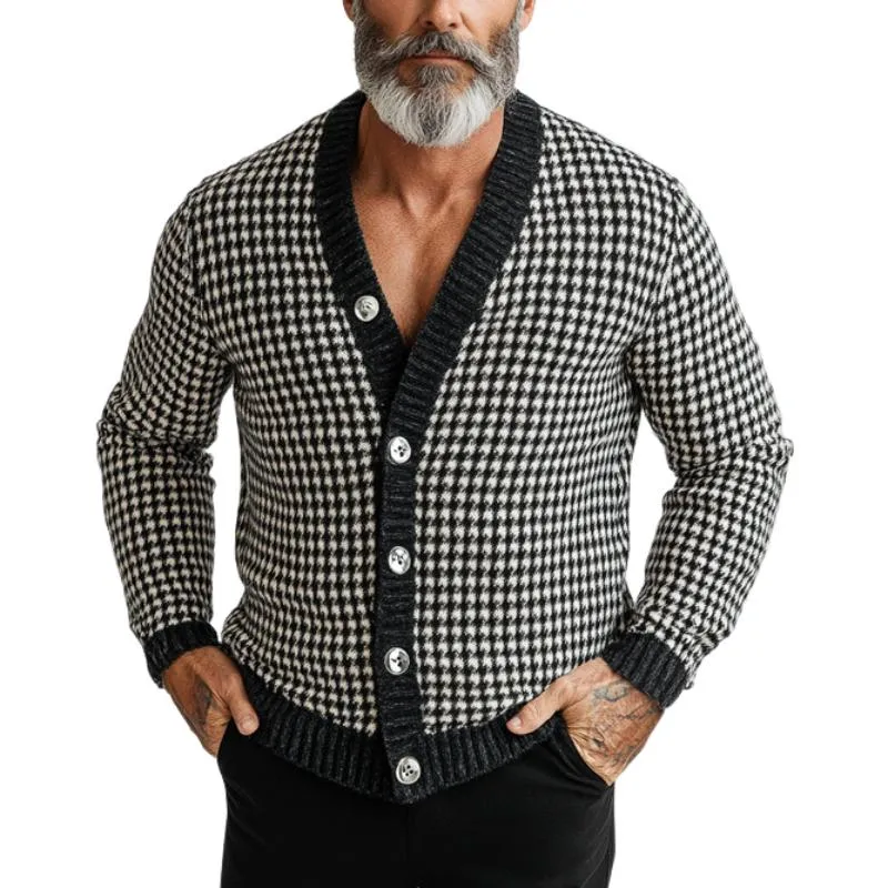 Men's Vintage Houndstooth Jacquard V-Neck Single Breasted Cardigan 63433265Y sold by Manly