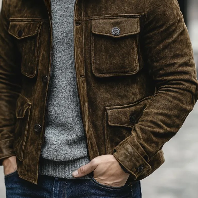 Men's Vintage Suede Stitching Polar Fleece Collar Multi-Pocket Jacket 33709832Y sold by Manly product image thumbnail 2