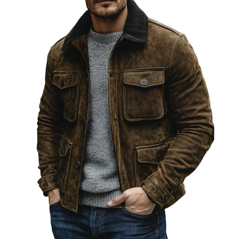 Men's Vintage Suede Stitching Polar Fleece Collar Multi-Pocket Jacket 33709832Y sold by Manly