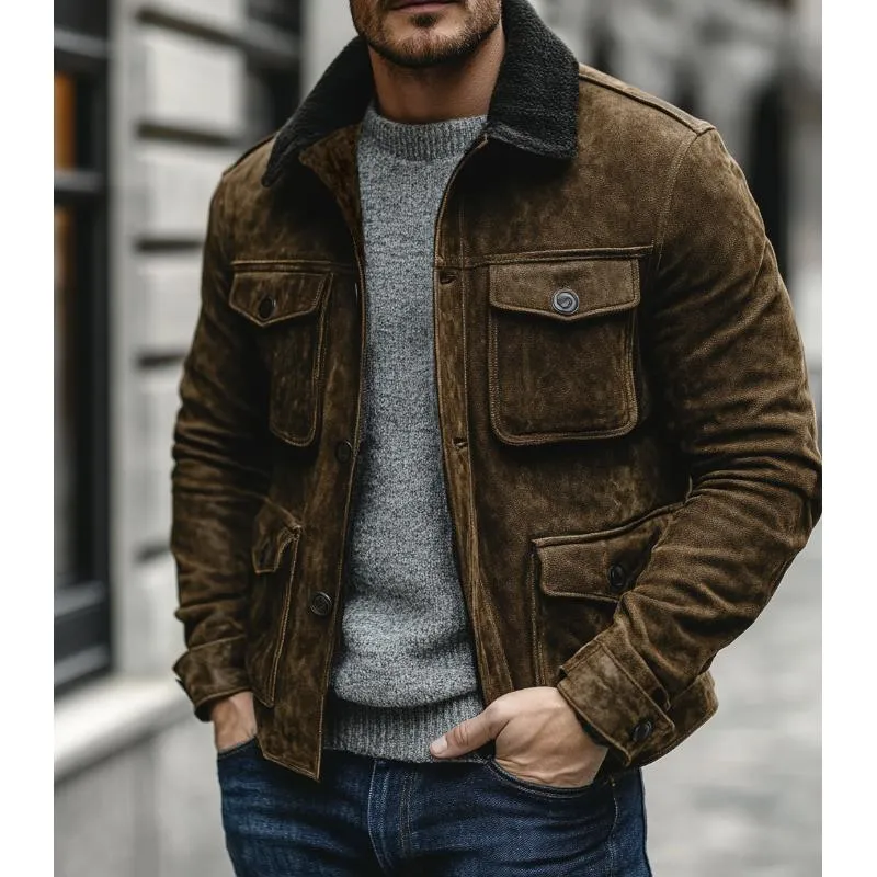 Men's Vintage Suede Stitching Polar Fleece Collar Multi-Pocket Jacket 33709832Y sold by Manly product image thumbnail 3