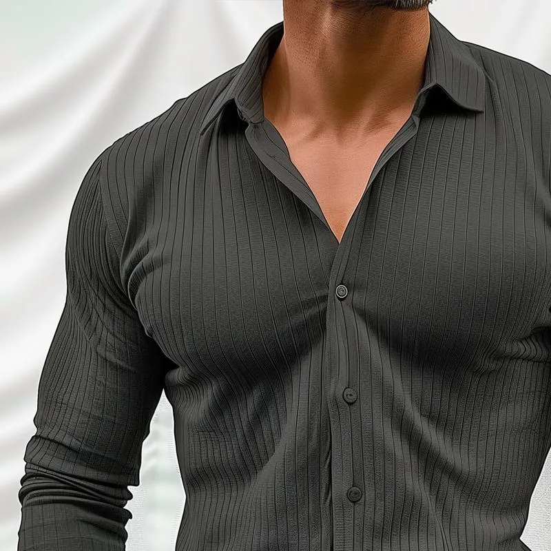 Men's Solid Color Striped Lapel Long Sleeve Casual Shirt 53864333Z sold by Manly product image thumbnail 3