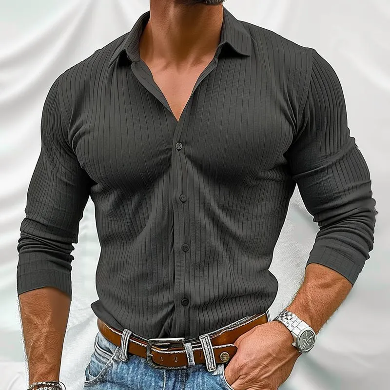 Men's Solid Color Striped Lapel Long Sleeve Casual Shirt 53864333Z sold by Manly product image thumbnail 2