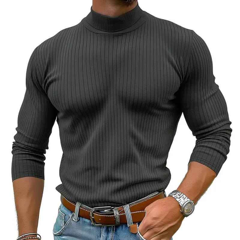 Men's Solid Color Striped Short High Collar Long Sleeve Casual T-shirt 02529438Z sold by Manly