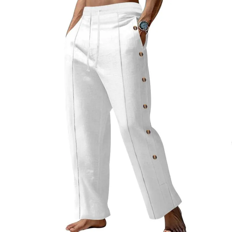 Men's Solid Cotton And Linen Elastic Waist Buttons Decor Casual Pants 93232713Z sold by Manly