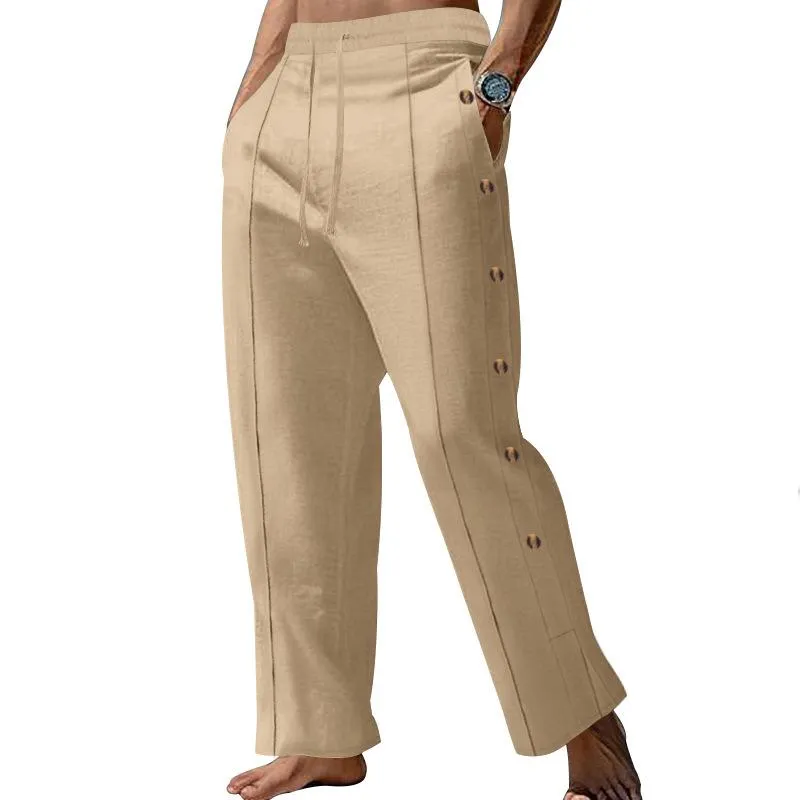 Men's Solid Cotton And Linen Elastic Waist Buttons Decor Casual Pants 93232713Z sold by Manly product image thumbnail 3