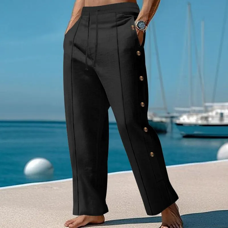 Men's Solid Cotton And Linen Elastic Waist Buttons Decor Casual Pants 93232713Z sold by Manly product image thumbnail 5