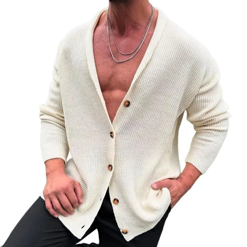Men's Retro Casual Solid Color Collarless Button Knit Cardigan 94629129TO sold by Manly