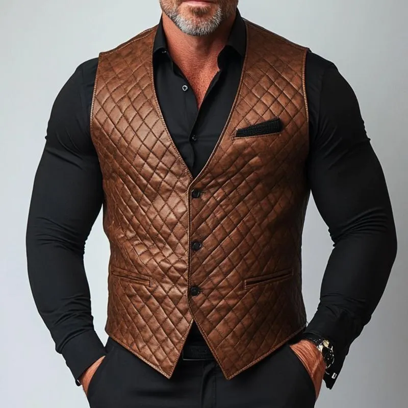 Men's Retro Casual Leather Diamond Button Collarless Vest 63055153TO sold by Manly product image thumbnail 2
