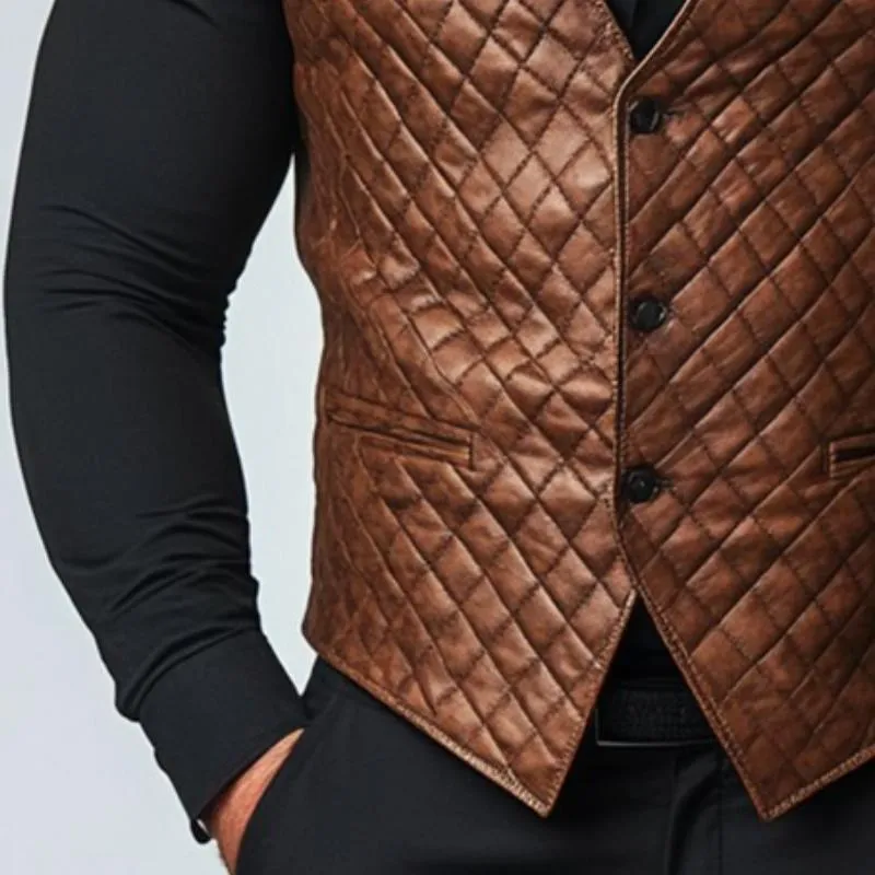 Men's Retro Casual Leather Diamond Button Collarless Vest 63055153TO sold by Manly product image thumbnail 3