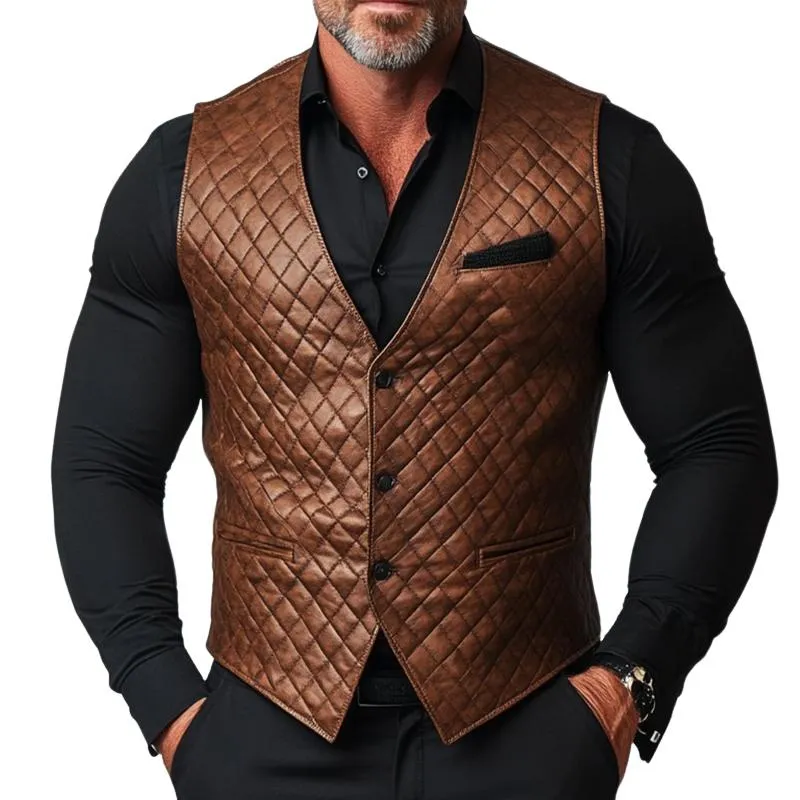 Men's Retro Casual Leather Diamond Button Collarless Vest 63055153TO sold by Manly