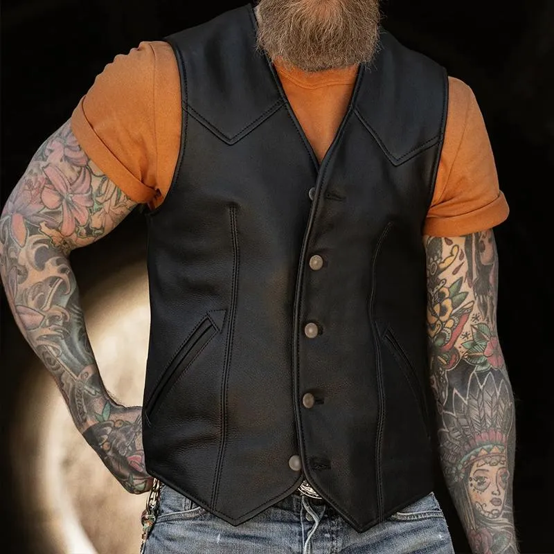 Men's Vintage Casual Button Collarless Leather Vest 78056518TO sold by Manly product image thumbnail 2