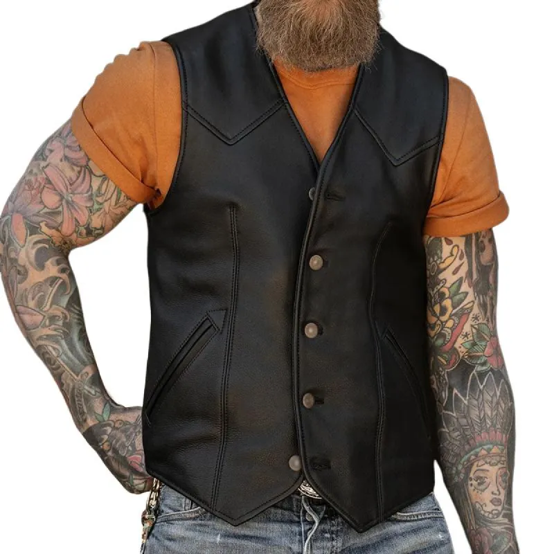Men's Vintage Casual Button Collarless Leather Vest 78056518TO sold by Manly