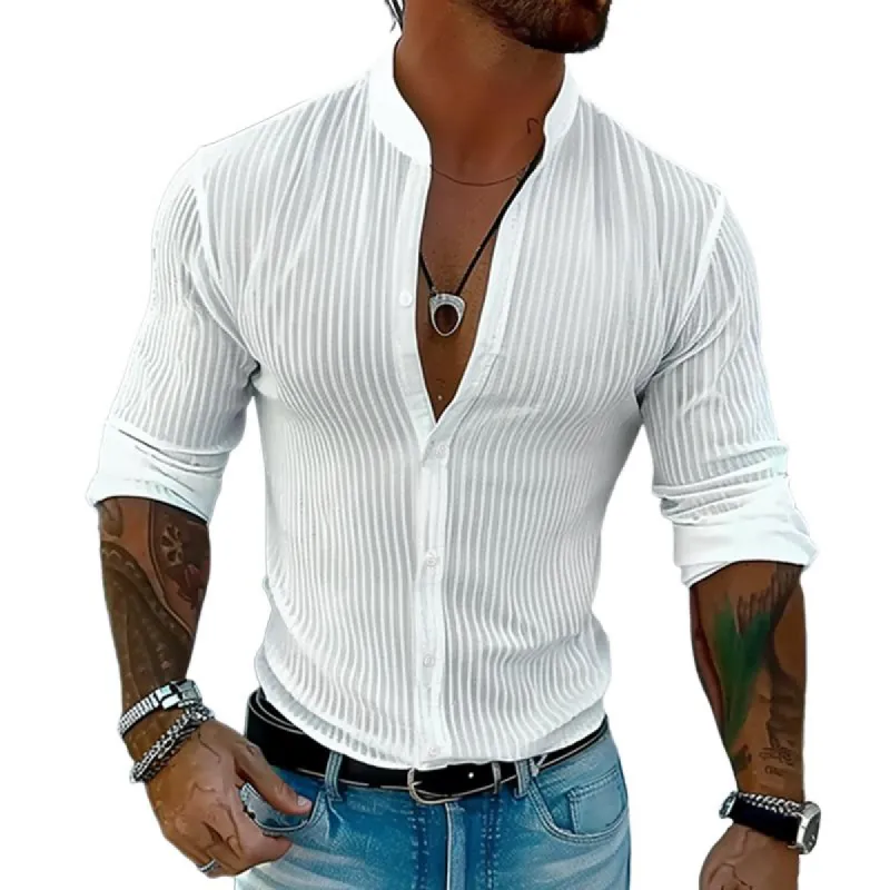 Men's Solid Color Striped Stand Collar Long Sleeve Shirt 02190812Z sold by Manly