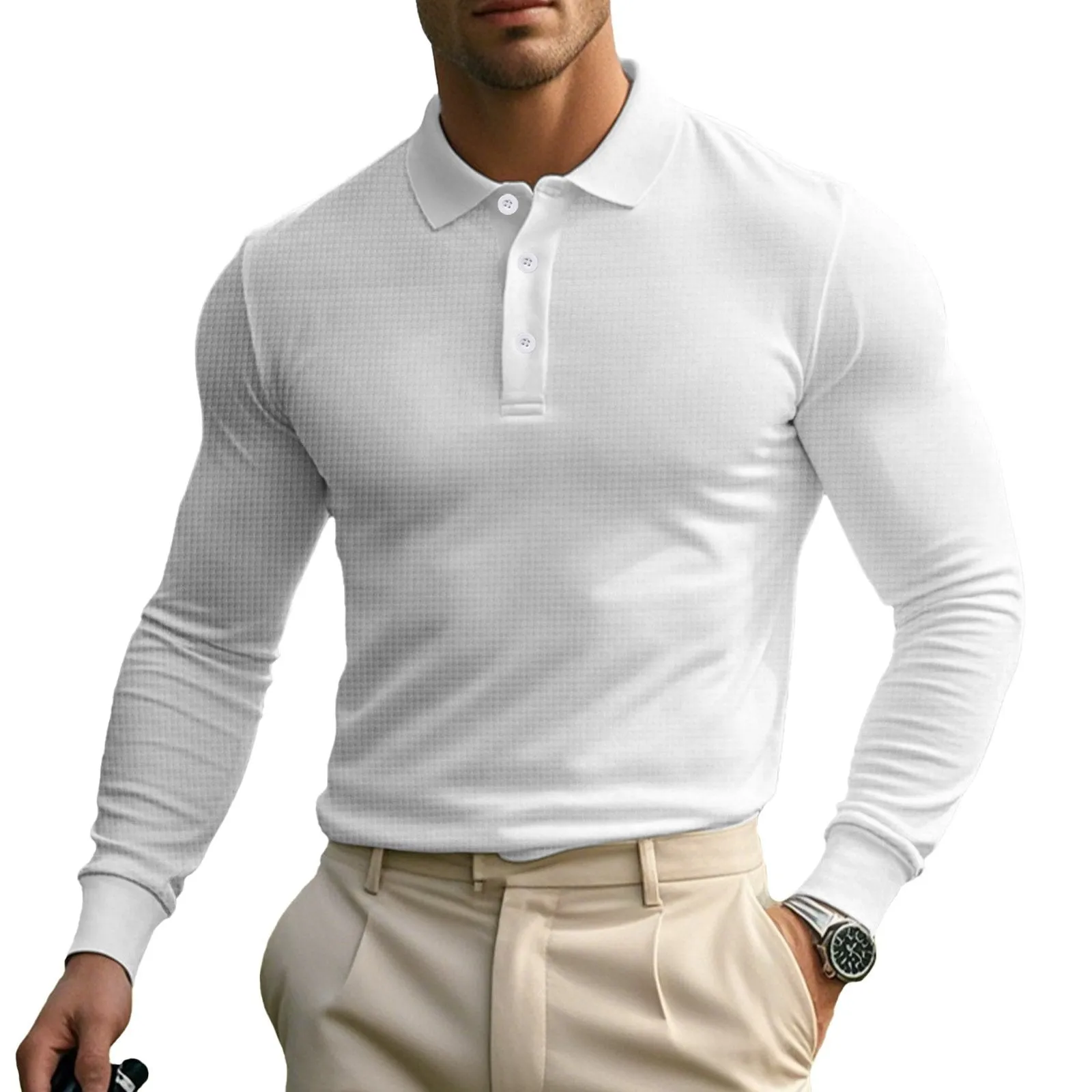 Men's Solid Color Waffle Lapel Long Sleeve Polo Shirt 41139532Z sold by Manly product image thumbnail 3
