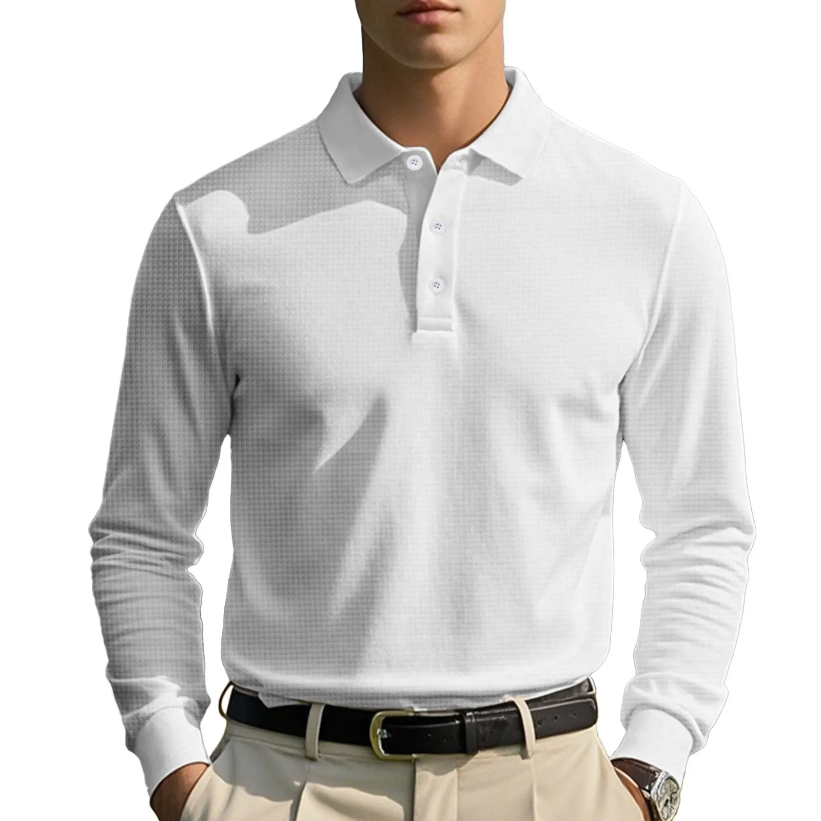 Men's Solid Color Waffle Lapel Long Sleeve Polo Shirt 41139532Z sold by Manly product image thumbnail 4