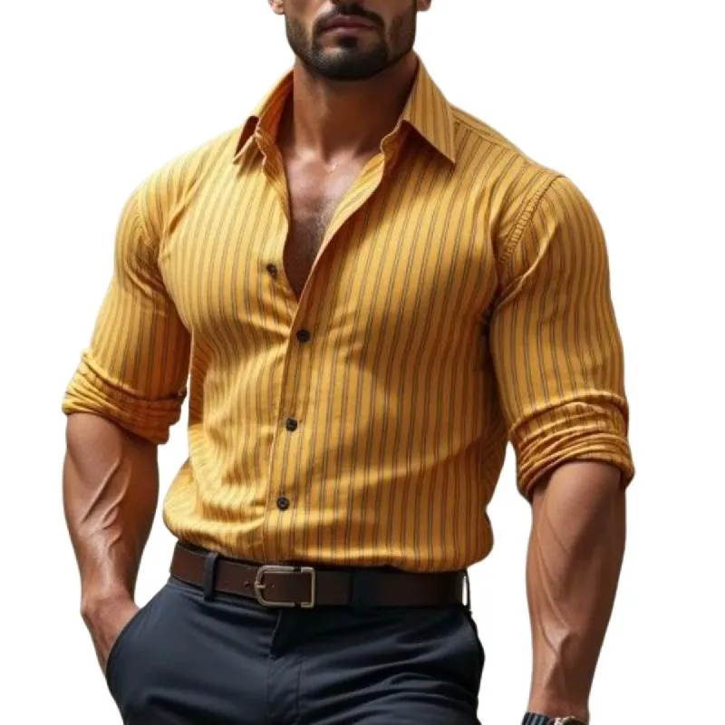 Men's Classic Casual Slim Fit Striped Lapel Long Sleeve Shirt 27924352K sold by Manly