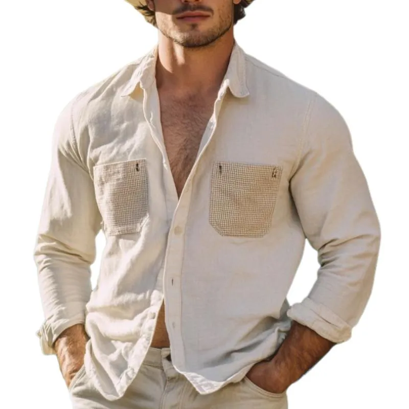 Men's Classic Retro Casual Patchwork Pocket Cotton And Linen Long-sleeved Shirt 57775287K sold by Manly