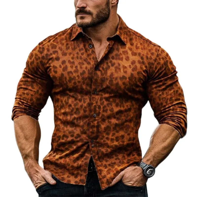 Men's Classic Casual Leopard Print Slim Fit Long Sleeve Shirt 11597594K sold by Manly