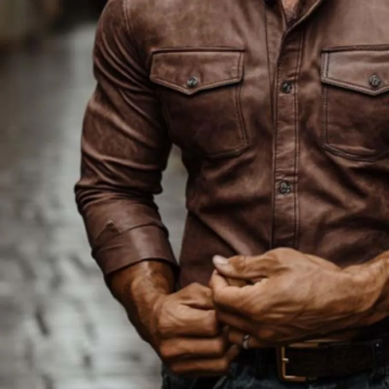 Men's Classic Vintage Casual Slim Fit Leather Long Sleeve Shirt 54850121K sold by Manly product image thumbnail 4