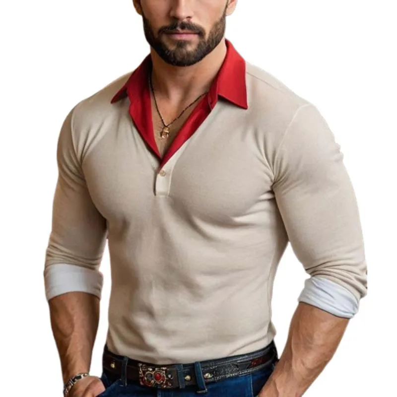 Men's Classic Retro Casual Patchwork Color Lapel Long-sleeved Polo Shirt 60894877K sold by Manly