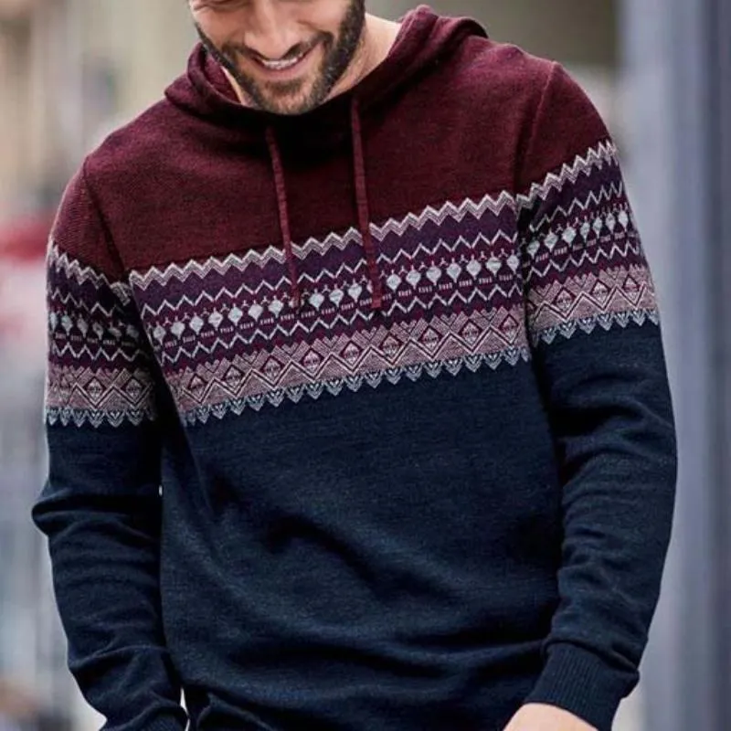 Men's Classic Retro Casual Knitted Pattern Patchwork Hooded Sweater 87383117K sold by Manly product image thumbnail 2